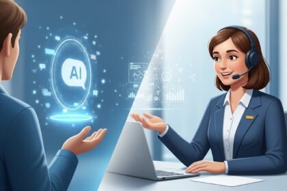 Representação visual da colaboração entre IA e atendimento humano no suporte ao cliente, destacando a importância do toque humano.