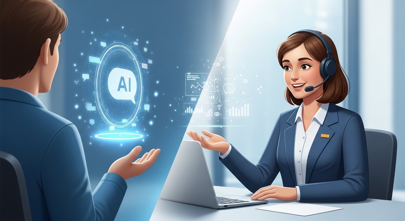 Representação visual da colaboração entre IA e atendimento humano no suporte ao cliente, destacando a importância do toque humano.