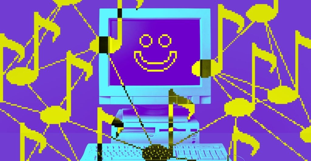 Símbolo de proibição sobre música e tecnologia, representando a decisão do Bandcamp de banir conteúdo gerado por IA.