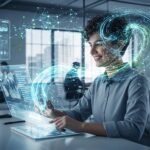 Profissional dominando a tecnologia no trabalho, utilizando ferramentas de inteligência artificial em um escritório moderno.