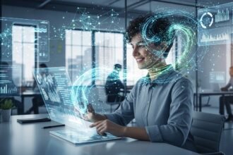 Profissional dominando a tecnologia no trabalho, utilizando ferramentas de inteligência artificial em um escritório moderno.