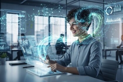 Profissional dominando a tecnologia no trabalho, utilizando ferramentas de inteligência artificial em um escritório moderno.