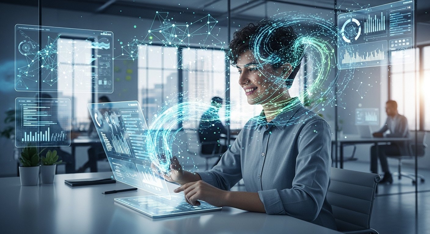 Profissional dominando a tecnologia no trabalho, utilizando ferramentas de inteligência artificial em um escritório moderno.