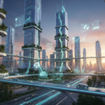 Vista aérea futurista de uma metrópole conectada com tecnologia avançada e elementos verdes, simbolizando a transformação da vida urbana pelas cidades inteligentes e a IoT.