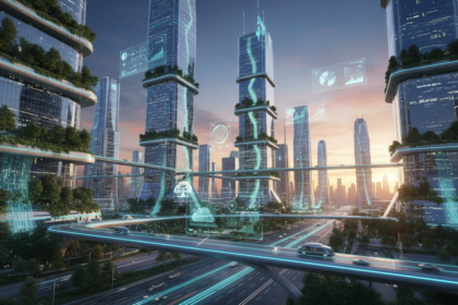 Vista aérea futurista de uma metrópole conectada com tecnologia avançada e elementos verdes, simbolizando a transformação da vida urbana pelas cidades inteligentes e a IoT.