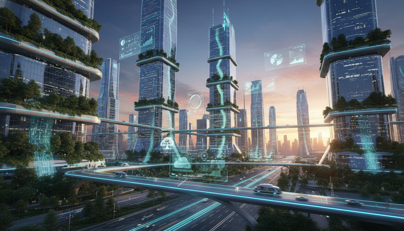Vista aérea futurista de uma metrópole conectada com tecnologia avançada e elementos verdes, simbolizando a transformação da vida urbana pelas cidades inteligentes e a IoT.