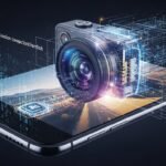 Smartphone exibindo uma foto sendo processada por inteligência artificial, com elementos visuais de reconstrução e aprimoramento digital.