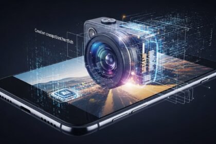 Smartphone exibindo uma foto sendo processada por inteligência artificial, com elementos visuais de reconstrução e aprimoramento digital.