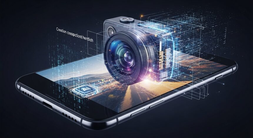 Smartphone exibindo uma foto sendo processada por inteligência artificial, com elementos visuais de reconstrução e aprimoramento digital.