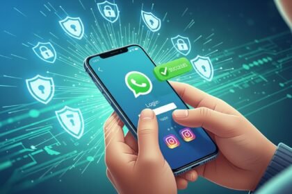 Ilustração digital de recuperação de conta hackeada com escudos de segurança no smartphone