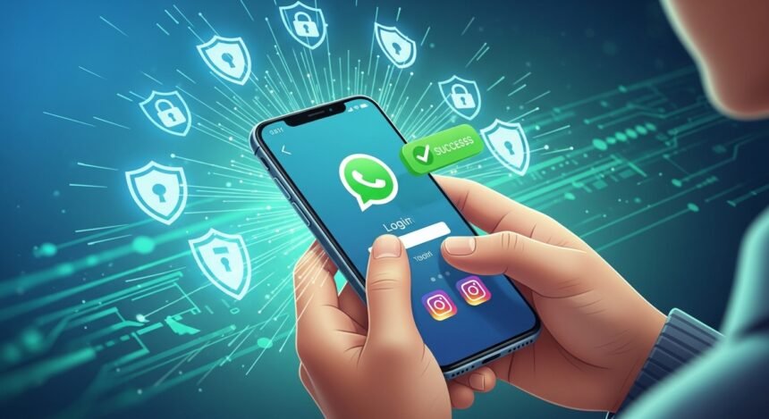 Ilustração digital de recuperação de conta hackeada com escudos de segurança no smartphone