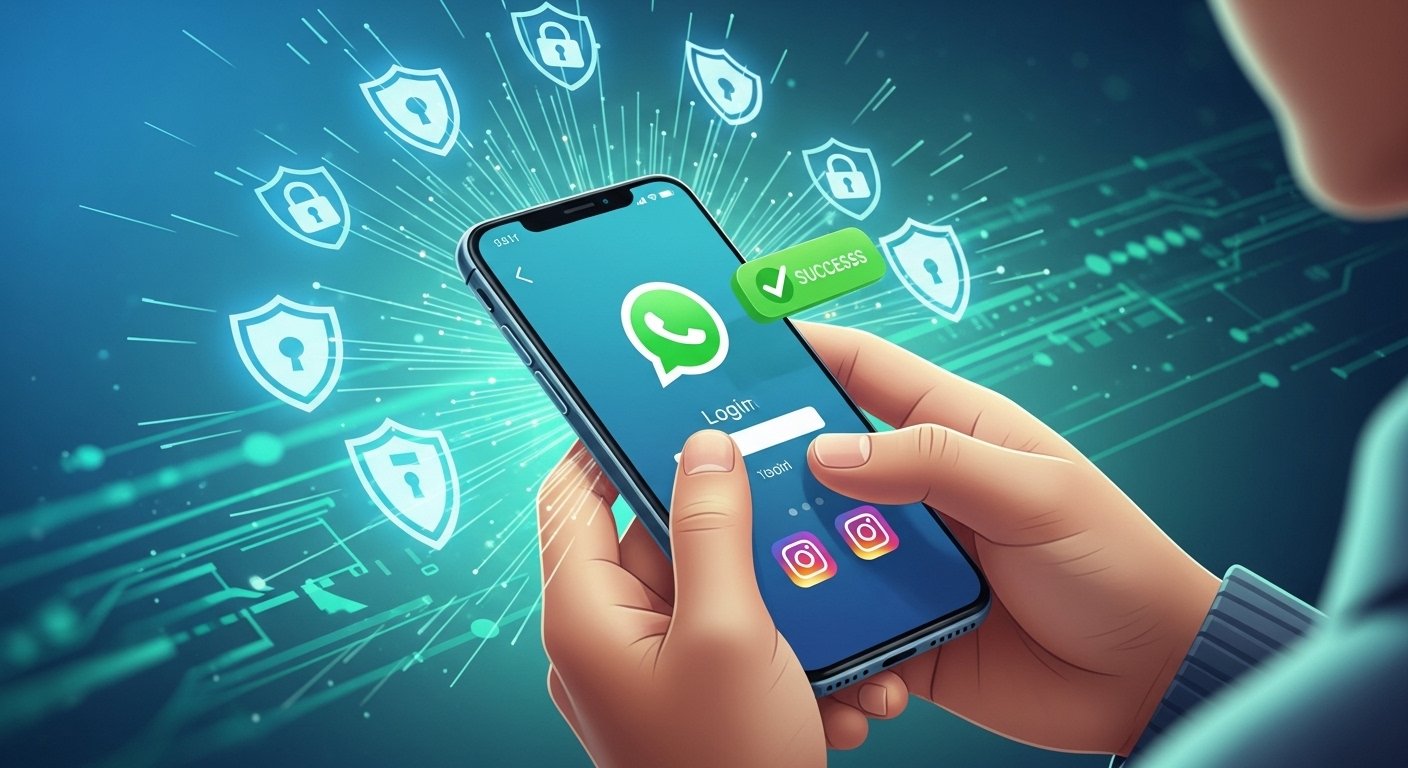 Ilustração digital de recuperação de conta hackeada com escudos de segurança no smartphone