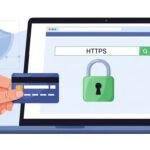 Cadeado de segurança e HTTPS em um site no navegador, com um cartão de crédito sendo usado para uma compra online segura.