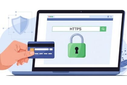 Cadeado de segurança e HTTPS em um site no navegador, com um cartão de crédito sendo usado para uma compra online segura.