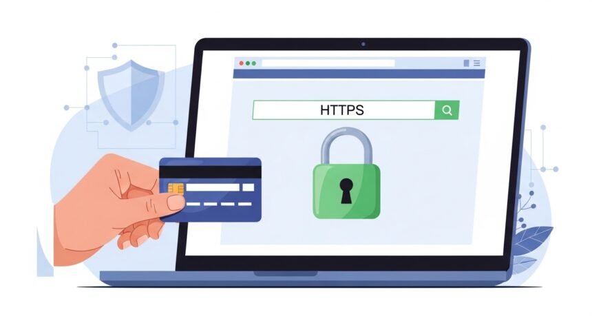 Cadeado de segurança e HTTPS em um site no navegador, com um cartão de crédito sendo usado para uma compra online segura.