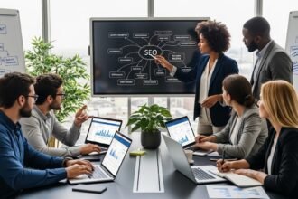 Uma equipe profissional e diversa colaborando em estratégias de marketing digital para construir presença online sem dancinhas.