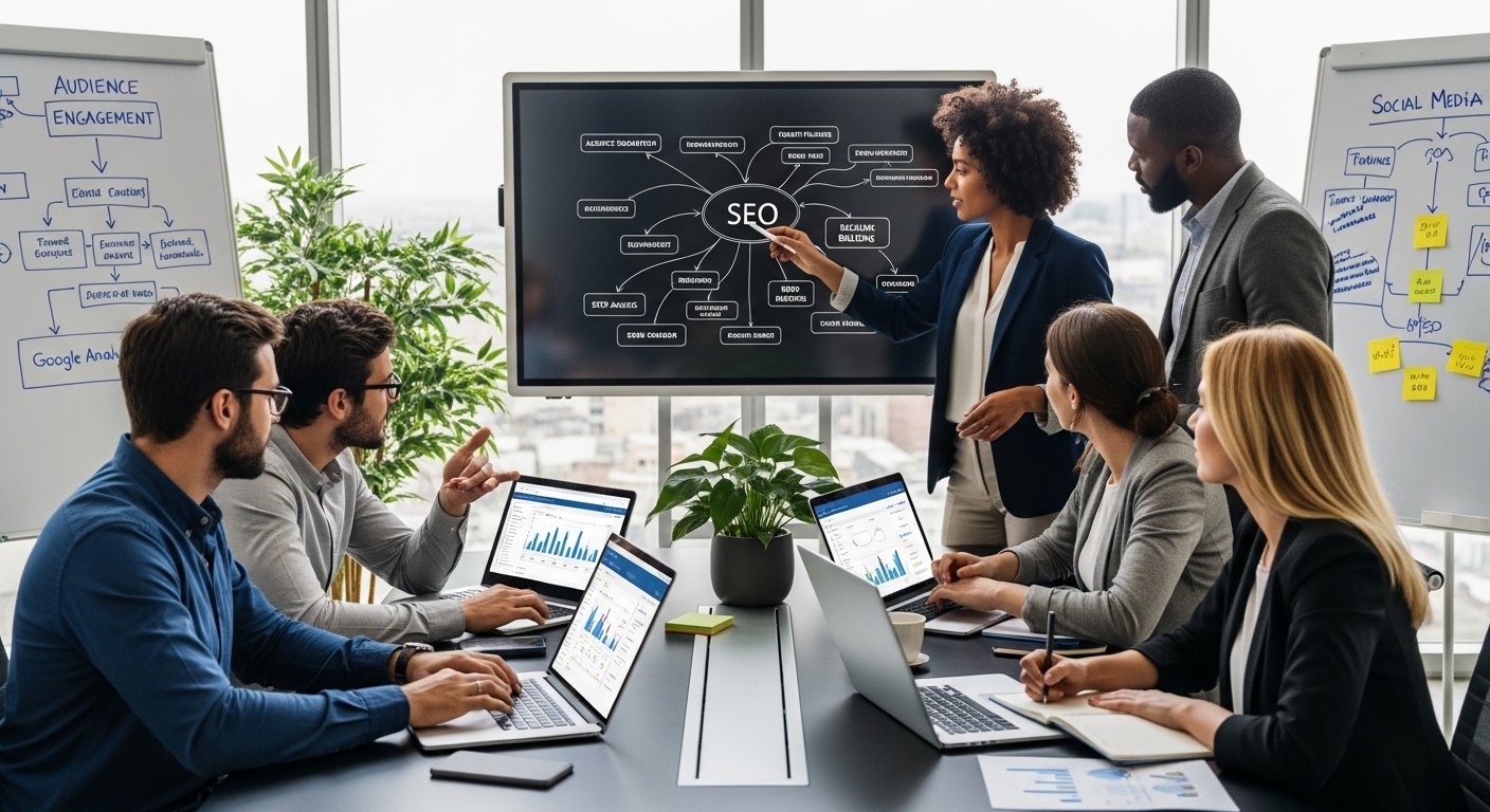 Uma equipe profissional e diversa colaborando em estratégias de marketing digital para construir presença online sem dancinhas.