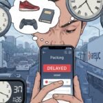 Pessoa frustrada olhando o celular devido ao atraso na entrega de compra online.