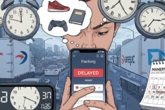 Pessoa frustrada olhando o celular devido ao atraso na entrega de compra online.