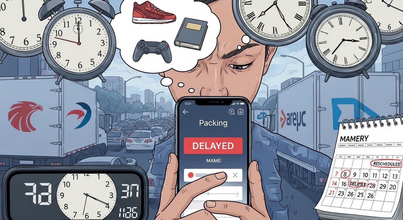 Pessoa frustrada olhando o celular devido ao atraso na entrega de compra online.