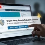 Ilustração de uma mão se preparando para clicar em uma falsa vaga de emprego no LinkedIn exibida em uma tela de notebook, simbolizando o perigo de golpes online.