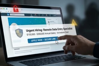 Ilustração de uma mão se preparando para clicar em uma falsa vaga de emprego no LinkedIn exibida em uma tela de notebook, simbolizando o perigo de golpes online.