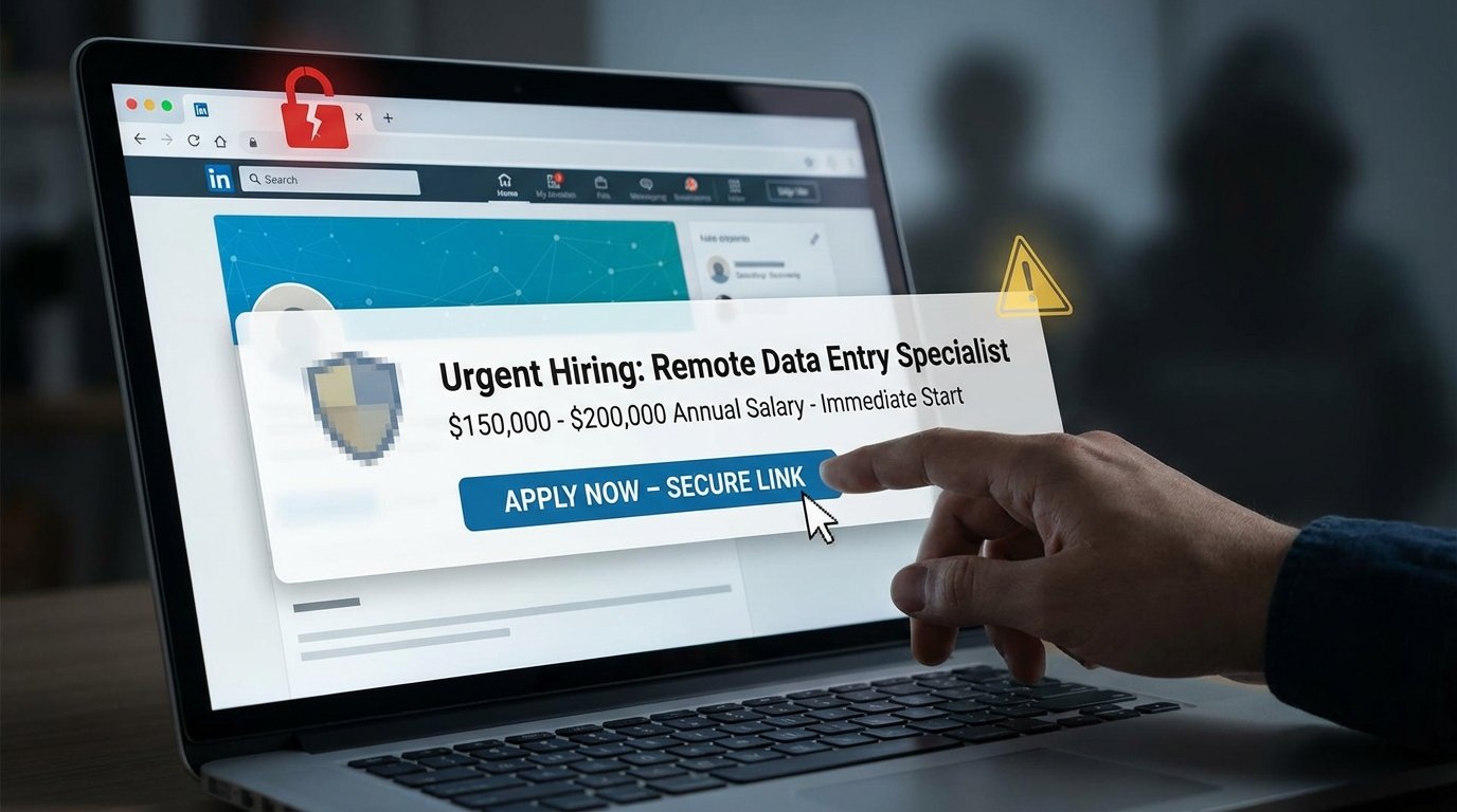 Ilustração de uma mão se preparando para clicar em uma falsa vaga de emprego no LinkedIn exibida em uma tela de notebook, simbolizando o perigo de golpes online.