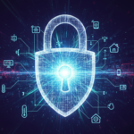 Representação futurista de uma rede de dispositivos IoT interconectados protegidos por um escudo de energia digital, simbolizando a segurança de dispositivos de internet das coisas contra ameaças cibernéticas.