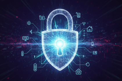 Representação futurista de uma rede de dispositivos IoT interconectados protegidos por um escudo de energia digital, simbolizando a segurança de dispositivos de internet das coisas contra ameaças cibernéticas.