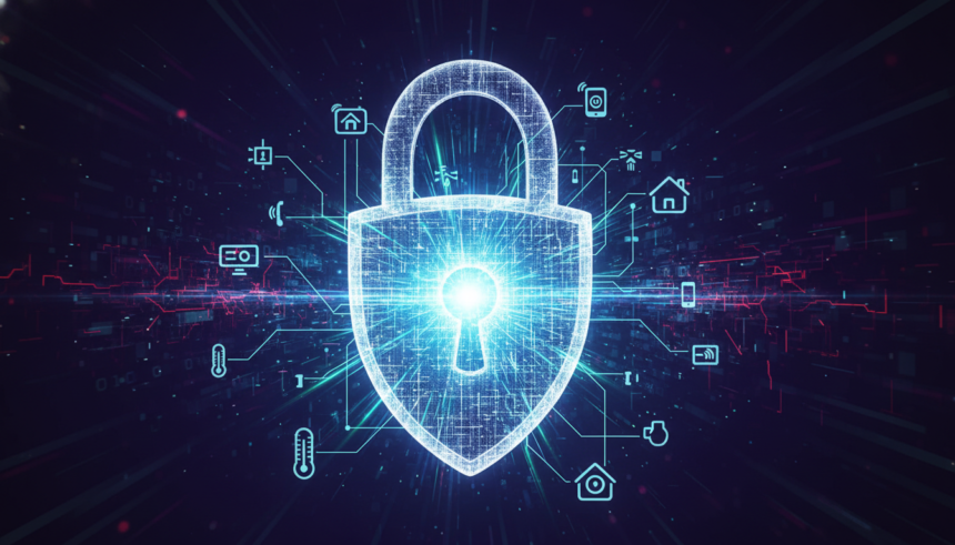 Representação futurista de uma rede de dispositivos IoT interconectados protegidos por um escudo de energia digital, simbolizando a segurança de dispositivos de internet das coisas contra ameaças cibernéticas.
