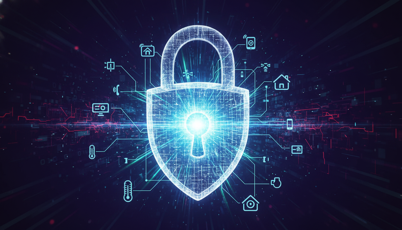 Representação futurista de uma rede de dispositivos IoT interconectados protegidos por um escudo de energia digital, simbolizando a segurança de dispositivos de internet das coisas contra ameaças cibernéticas.