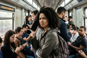 Homem ajustando configurações no celular, focado em desativar sensor de proximidade.