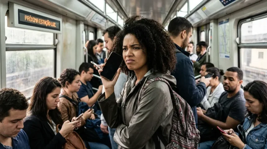 Homem ajustando configurações no celular, focado em desativar sensor de proximidade.