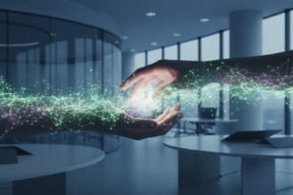 Mãos humanas e redes neurais de IA se conectando em um ambiente de trabalho moderno, simbolizando a construção de confiança e a integração responsável da ética e governança da IA generativa.