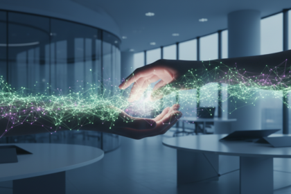 Mãos humanas e redes neurais de IA se conectando em um ambiente de trabalho moderno, simbolizando a construção de confiança e a integração responsável da ética e governança da IA generativa.