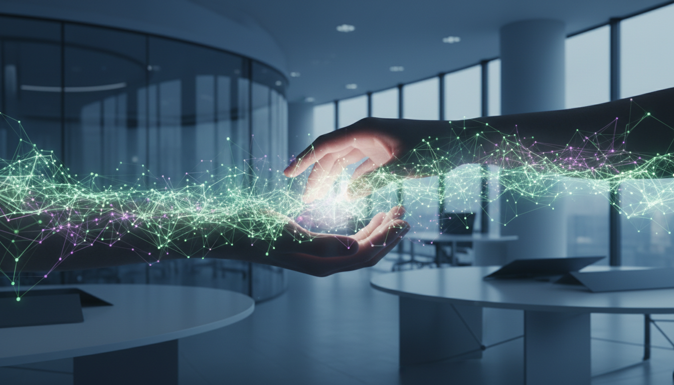Mãos humanas e redes neurais de IA se conectando em um ambiente de trabalho moderno, simbolizando a construção de confiança e a integração responsável da ética e governança da IA generativa.