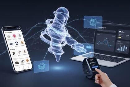 Agente autônomo de IA interage com clientes em ambiente de e-commerce moderno