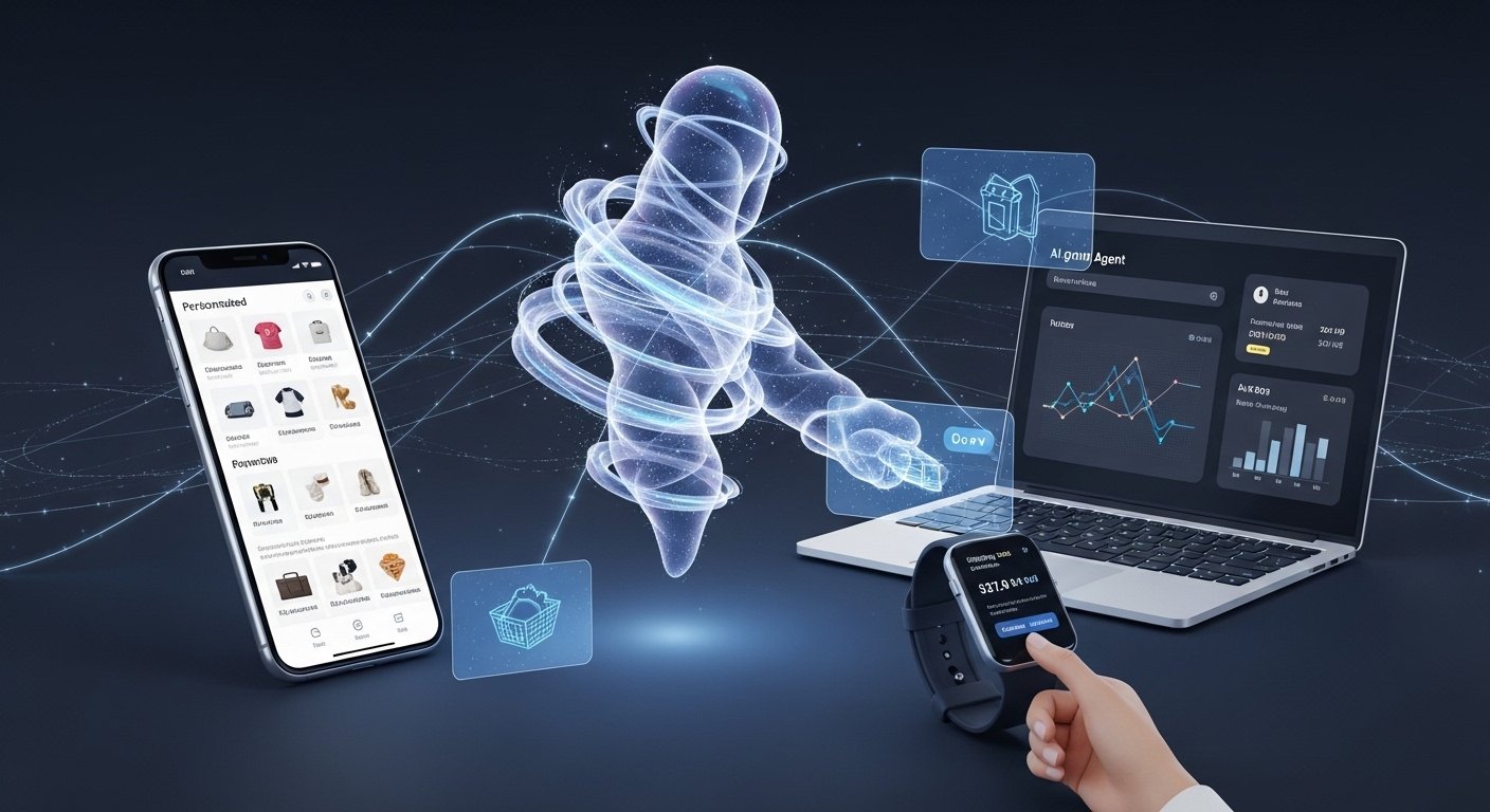 Agente autônomo de IA interage com clientes em ambiente de e-commerce moderno