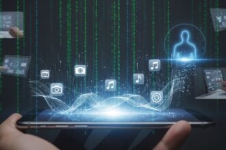 Interface de celular futurista com aplicativos se dissolvendo em uma experiência gerenciada por IA.