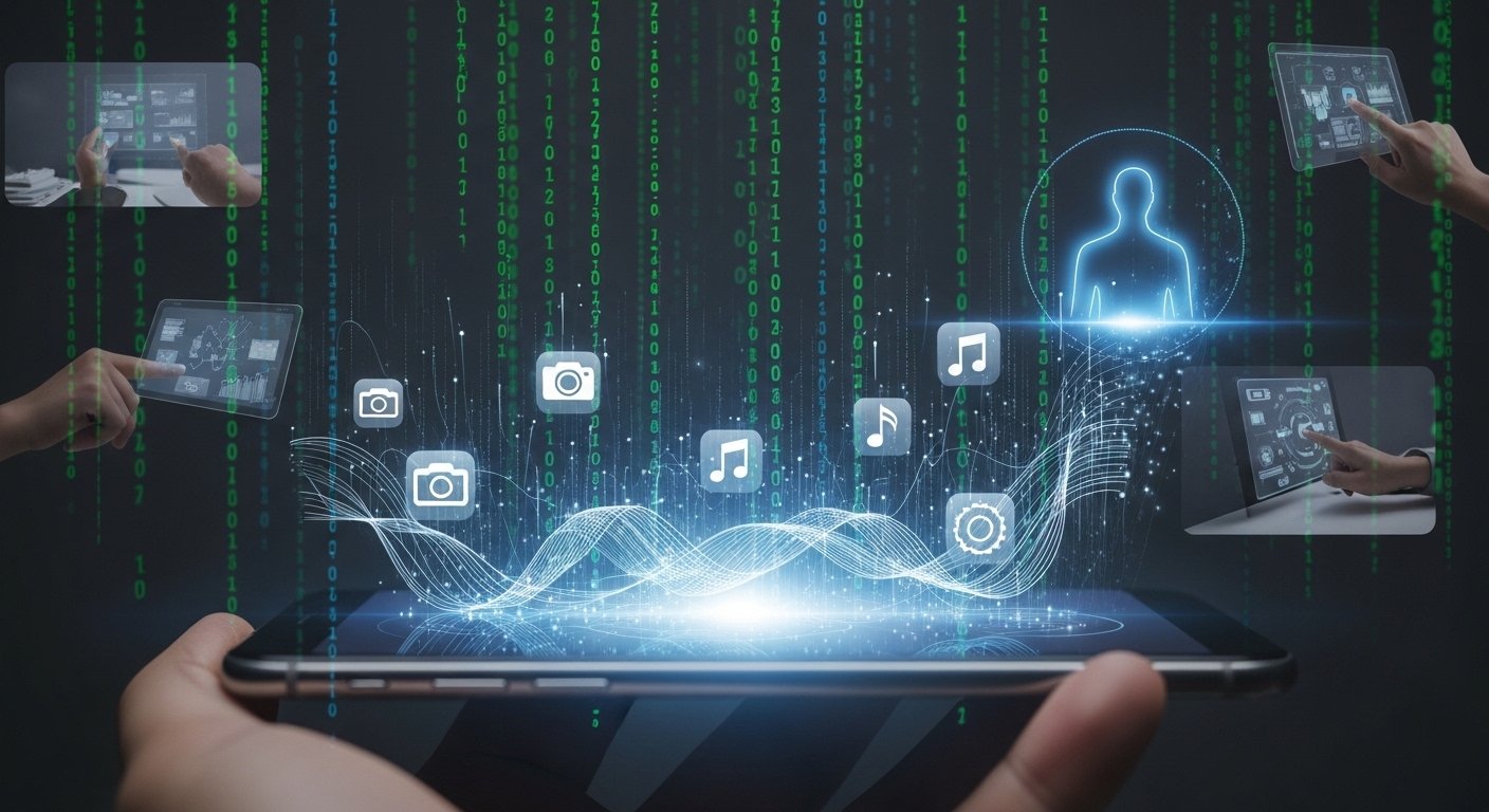 Interface de celular futurista com aplicativos se dissolvendo em uma experiência gerenciada por IA.