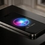 O círculo brilhante da Siri fundindo-se com a estrela de quatro pontas do Google Gemini em um fundo gradiente elegante.