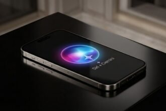 O círculo brilhante da Siri fundindo-se com a estrela de quatro pontas do Google Gemini em um fundo gradiente elegante.