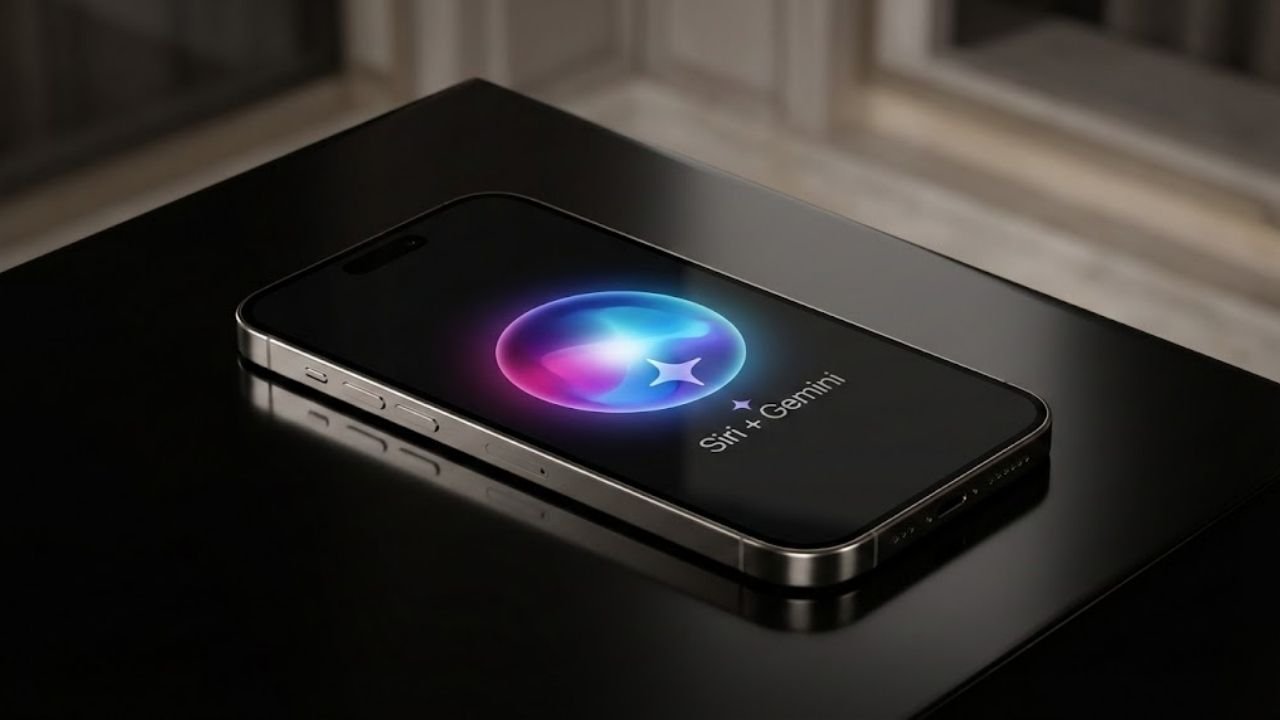 O círculo brilhante da Siri fundindo-se com a estrela de quatro pontas do Google Gemini em um fundo gradiente elegante.