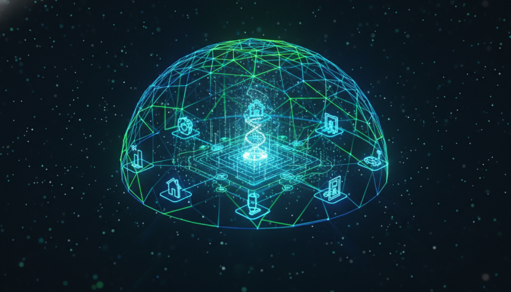 Escudo digital protetor envolvendo uma rede de dispositivos IoT interconectados e fluxos de dados, simbolizando a segurança e privacidade na IoT em um ambiente futurista.