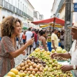Um influenciador local sorrindo e gesticulando para a câmera, mostrando um produto.