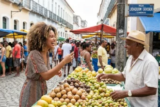 Um influenciador local sorrindo e gesticulando para a câmera, mostrando um produto.