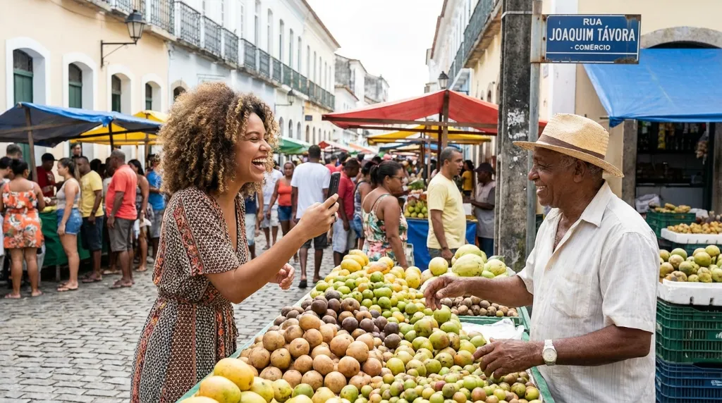 Um influenciador local sorrindo e gesticulando para a câmera, mostrando um produto.