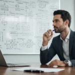 Ilustração de uma cabeça humana com ícones de inteligência artificial, mostrando a IA adivinhando o que você precisa.