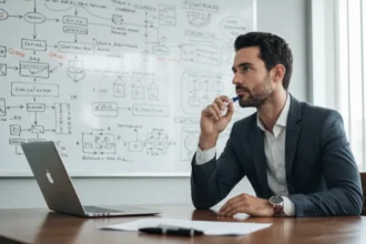 Ilustração de uma cabeça humana com ícones de inteligência artificial, mostrando a IA adivinhando o que você precisa.