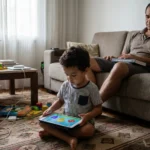 Criança fascinada por tela, mostrando o impacto das telas nas crianças.